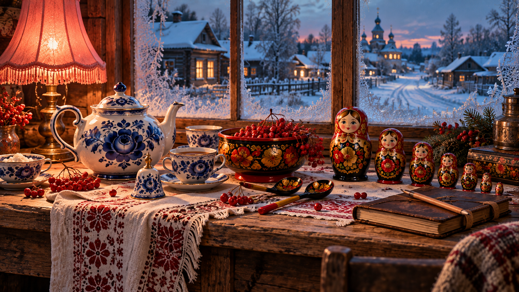 Russian folk crafts headings — blue-and-white Gzhel dishes and a red-and-gold Khokhloma bowl on a wooden table