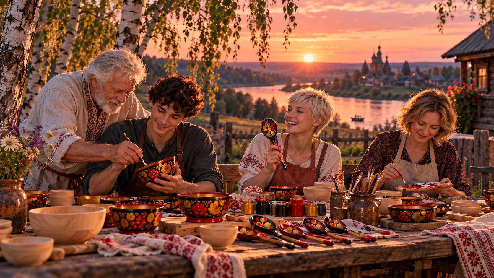 Russian folk crafts practice — a painter decorating a golden Khokhloma bowl in a village workshop