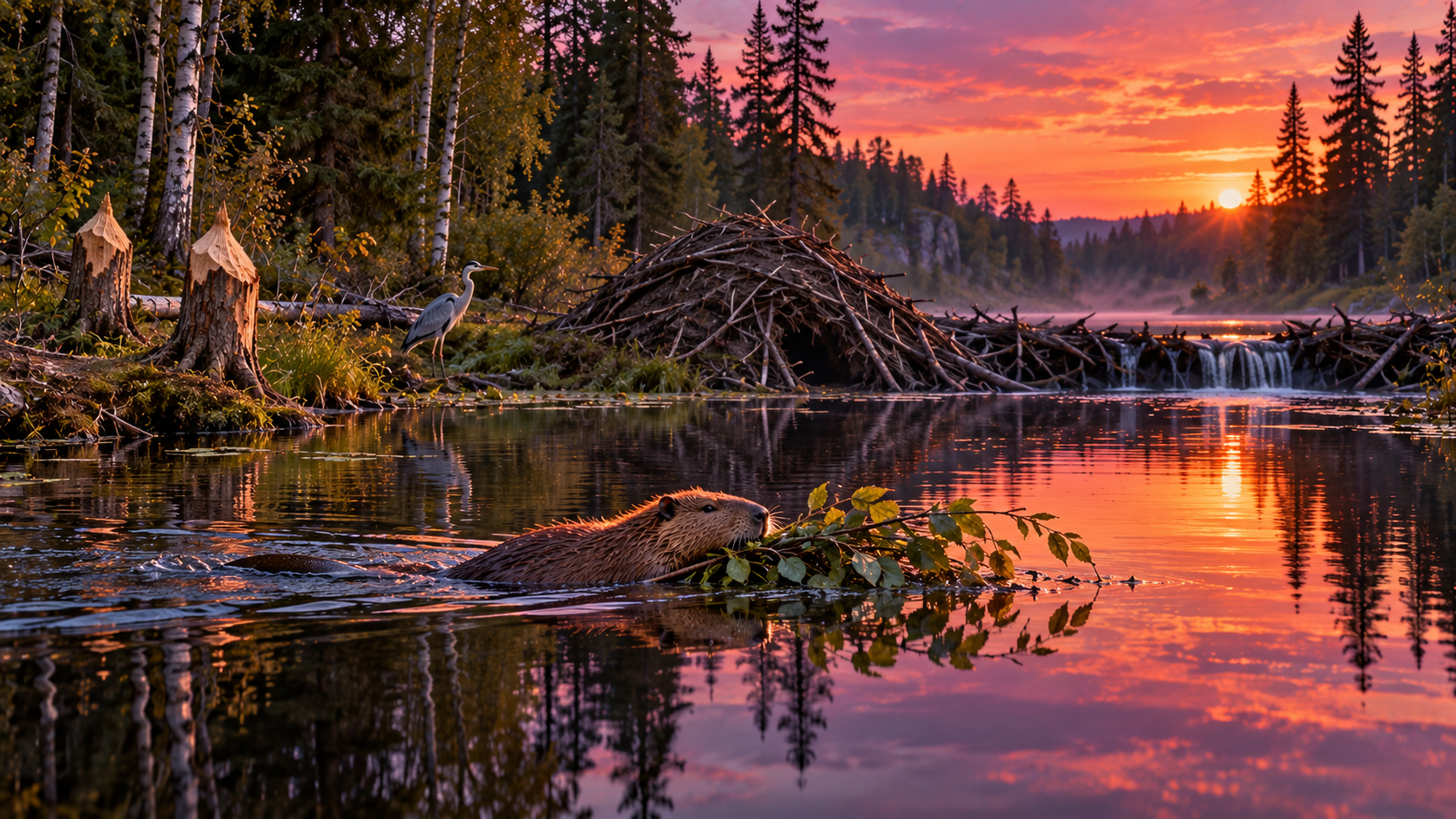 Animal lives real test — a beaver swimming past its lodge on a forest river at dusk