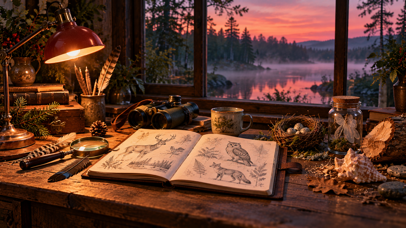 Animal lives headings — a naturalist's desk with a field notebook, binoculars and feathers