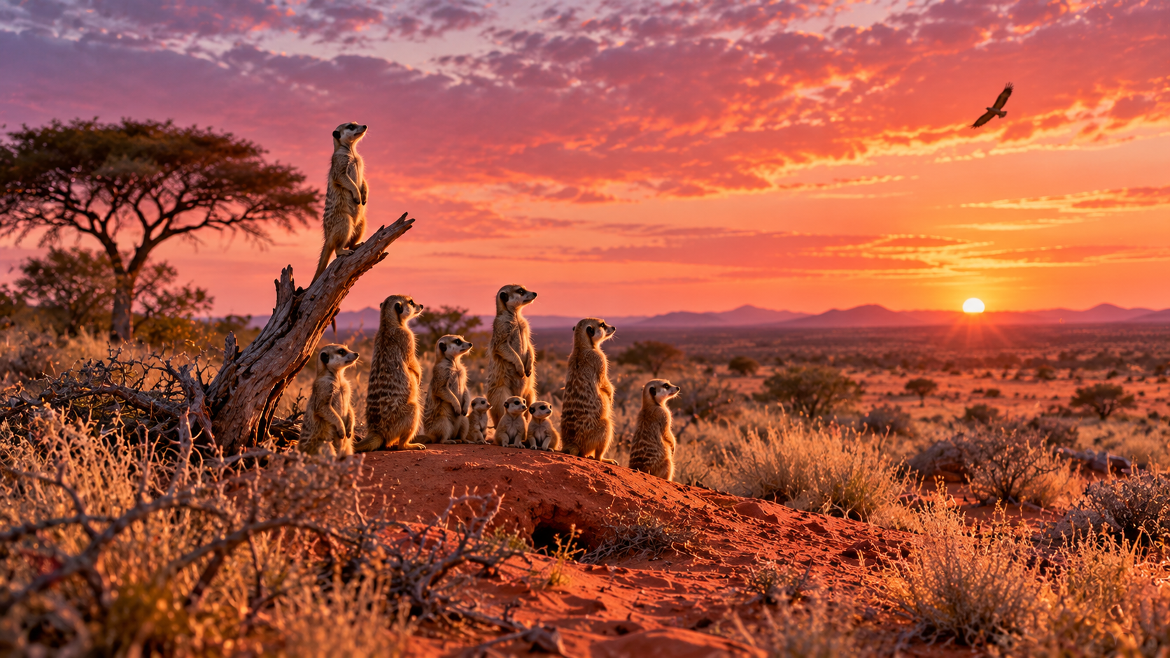 Animal lives practice — a family of meerkats standing on guard at sunrise in the desert