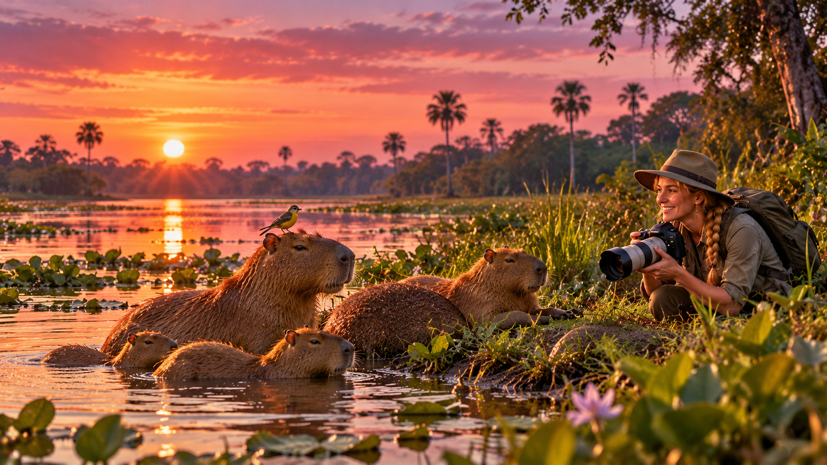 Animal lives vocabulary — capybaras resting by a river in South America