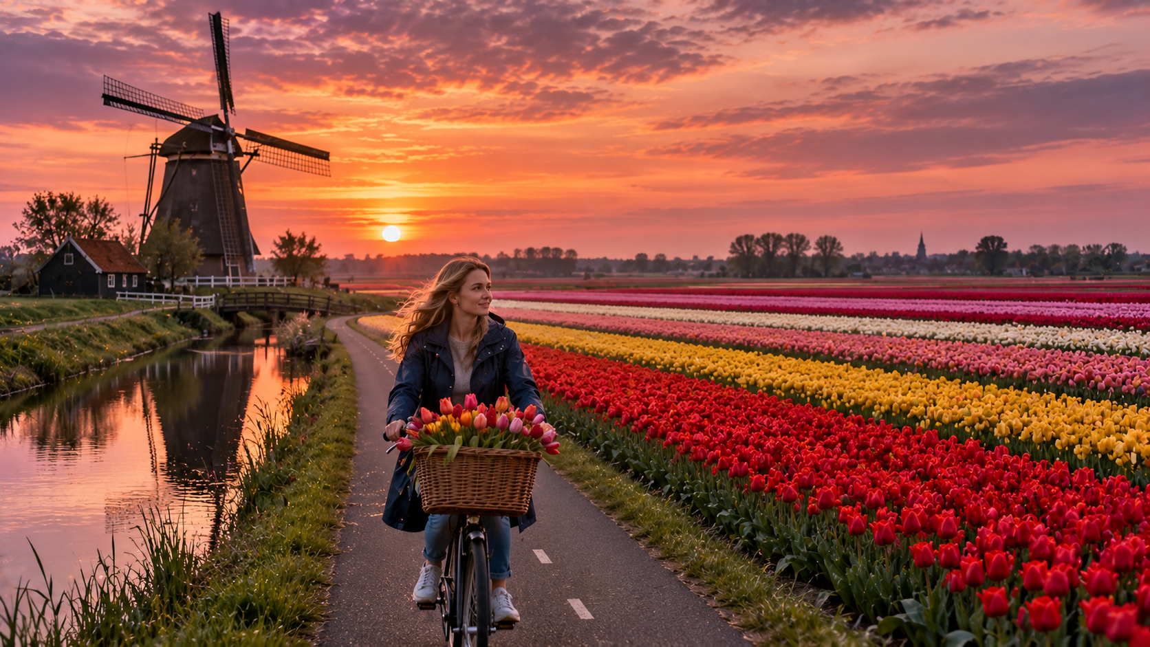 In bloom real test — endless stripes of tulip fields in the Netherlands with a windmill