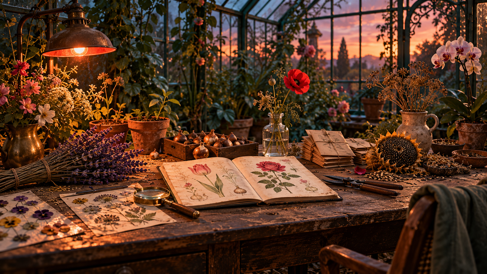 In bloom headings — a botanist's greenhouse table with pressed flowers and seed packets