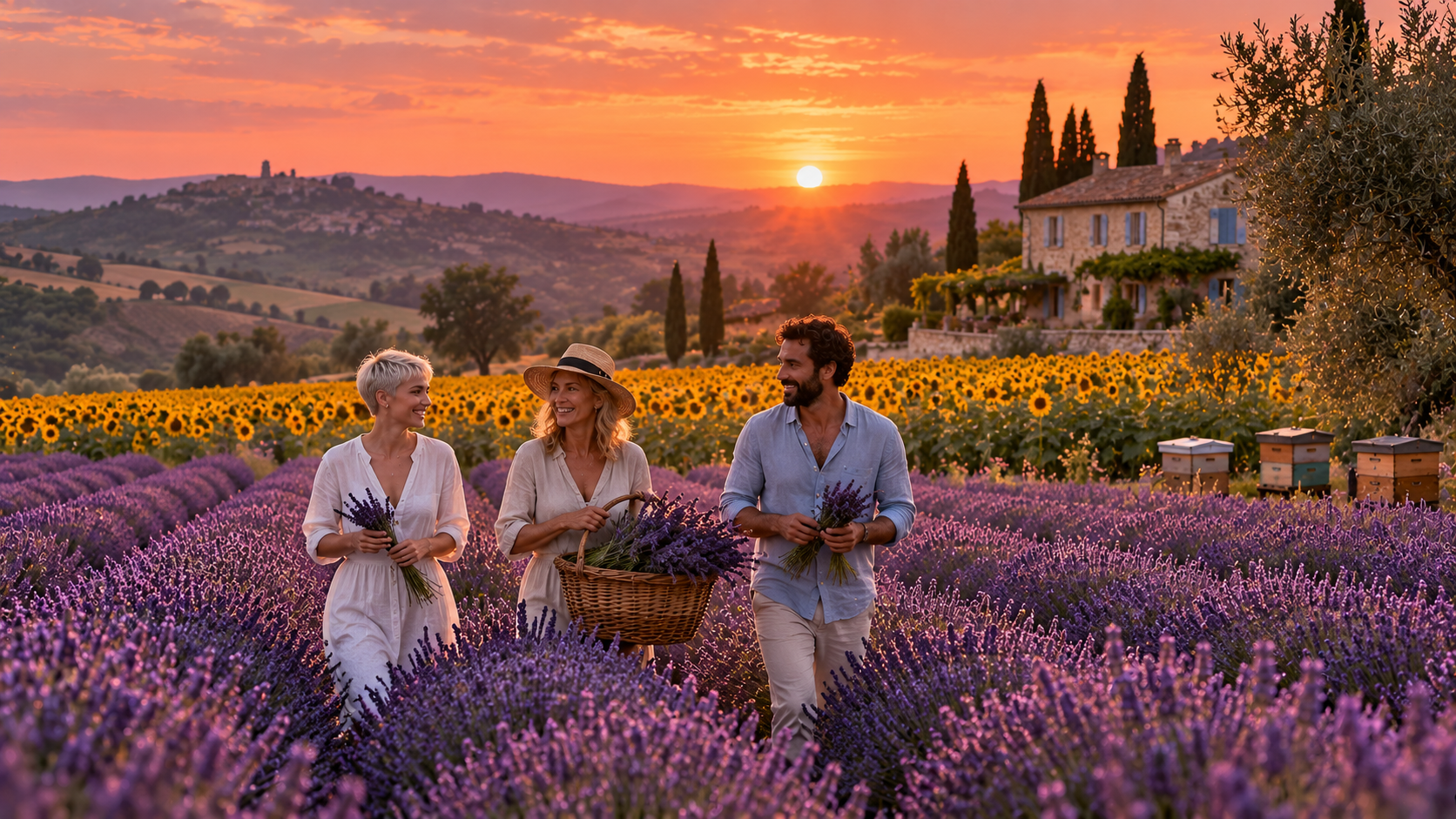 In bloom practice — lavender and sunflower fields in Provence in the evening sun