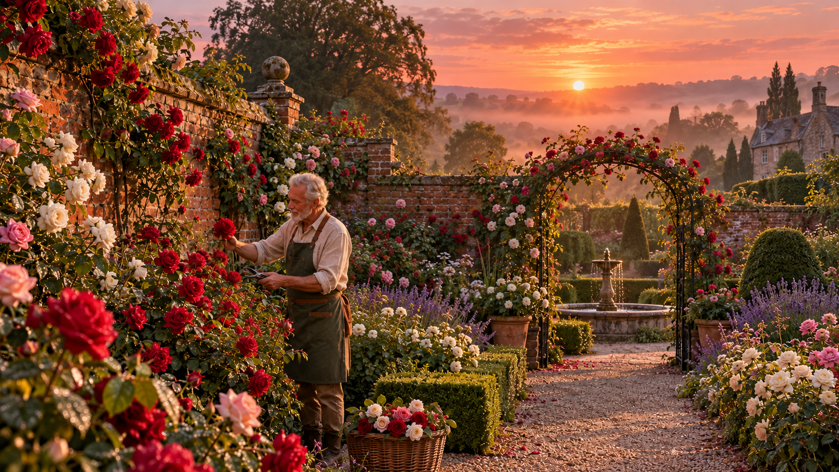 In bloom vocabulary — an old walled rose garden in England in the early morning