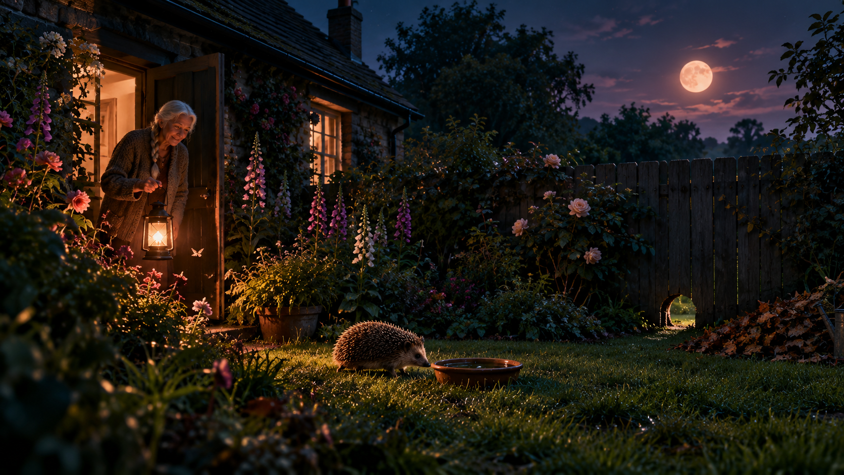 Wild at heart headings — a hedgehog in a moonlit English cottage garden