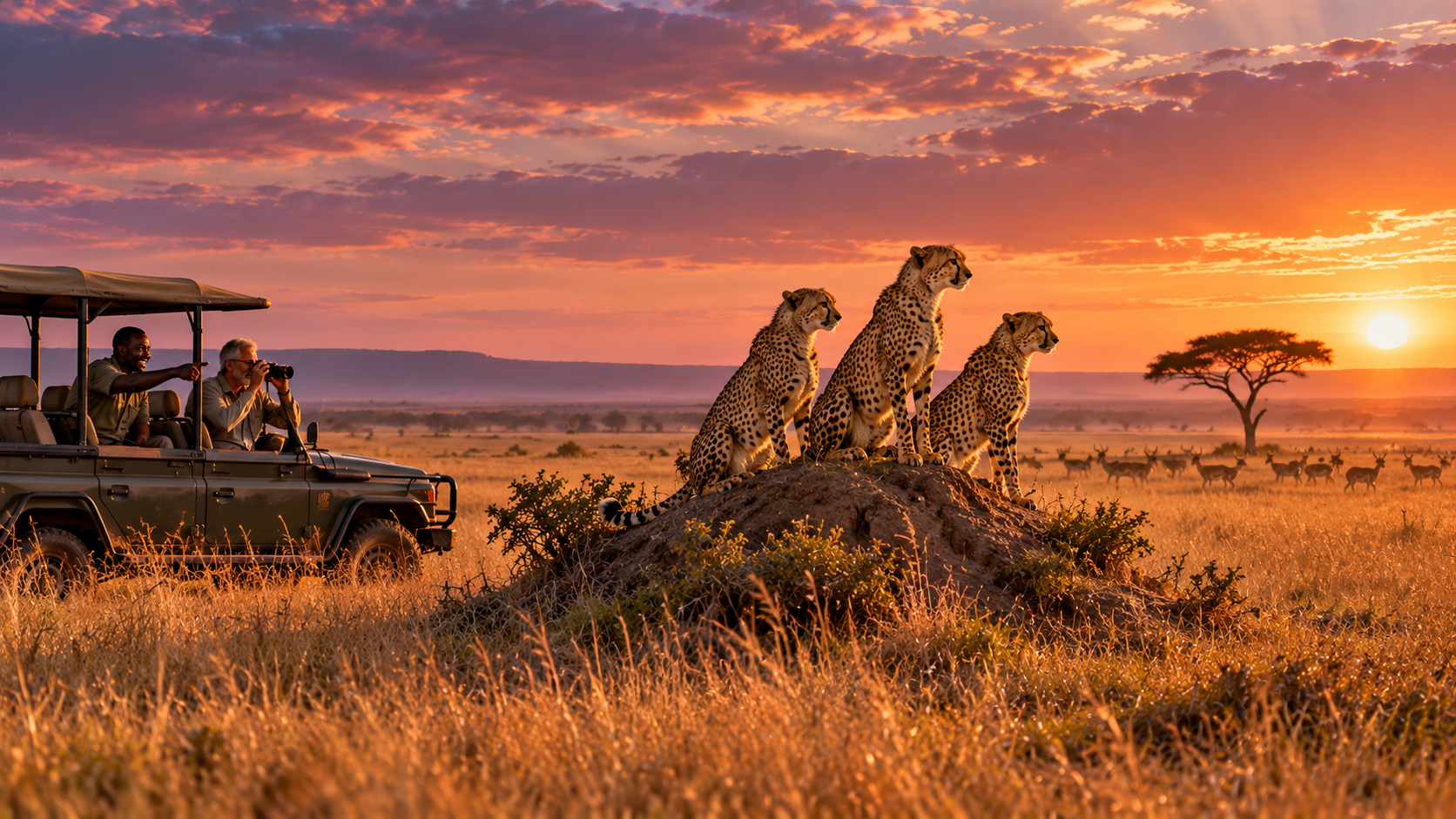 Wild at heart practice — cheetah brothers on a termite mound in the African savannah