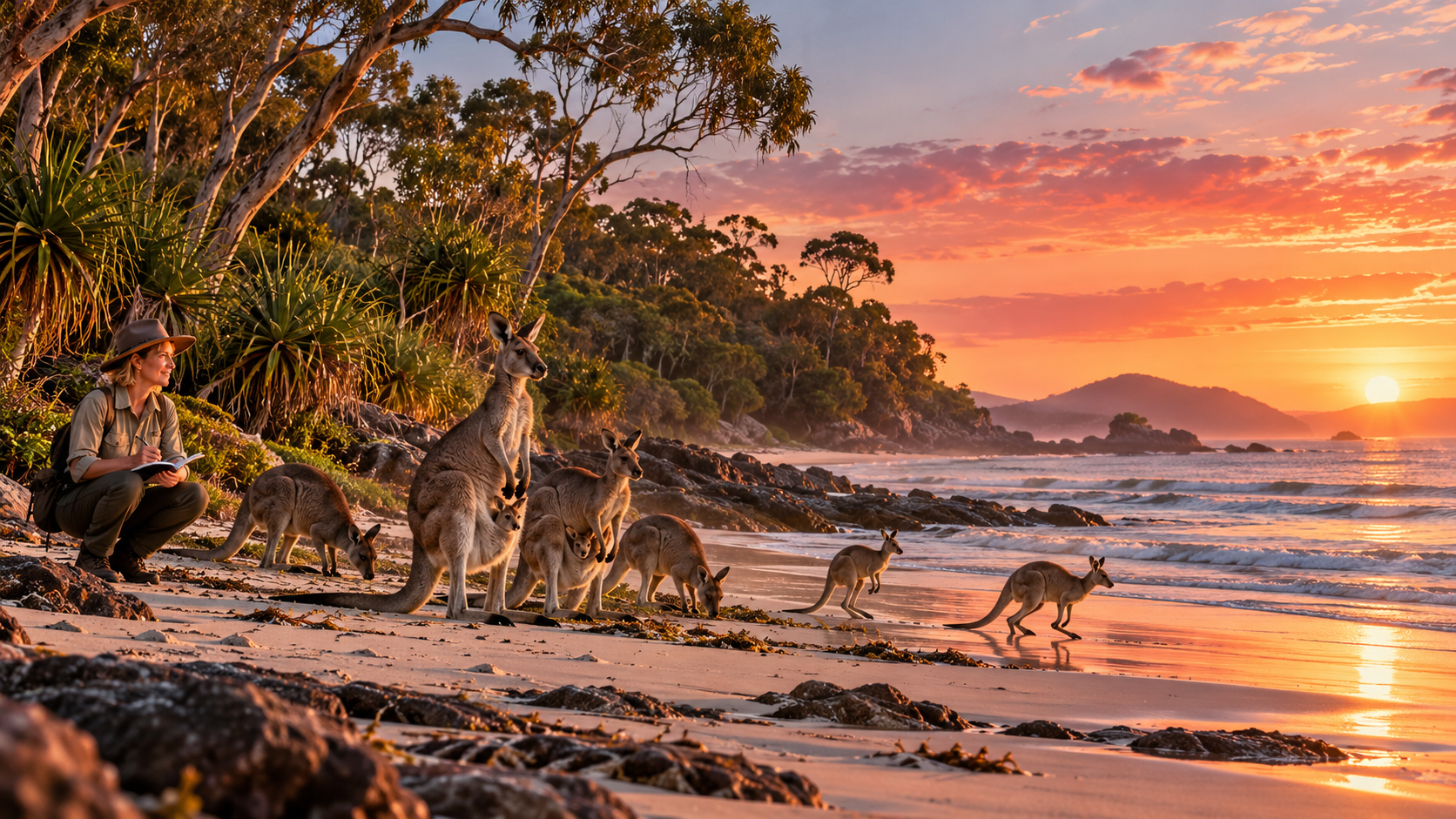 Wild at heart vocabulary — kangaroos on an Australian beach at sunrise