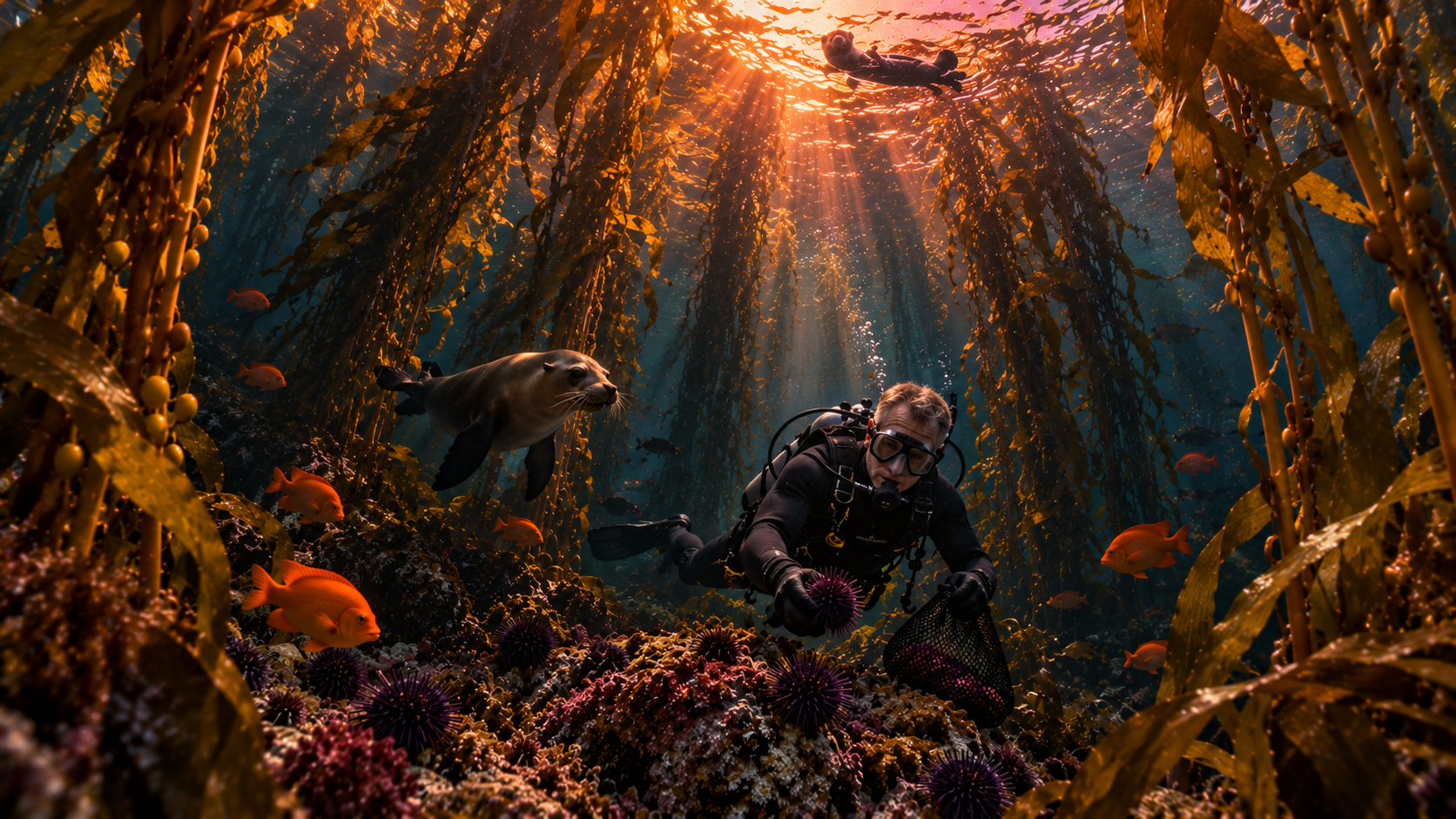 Under the waves real test — a diver in a tall golden kelp forest with a sea otter above
