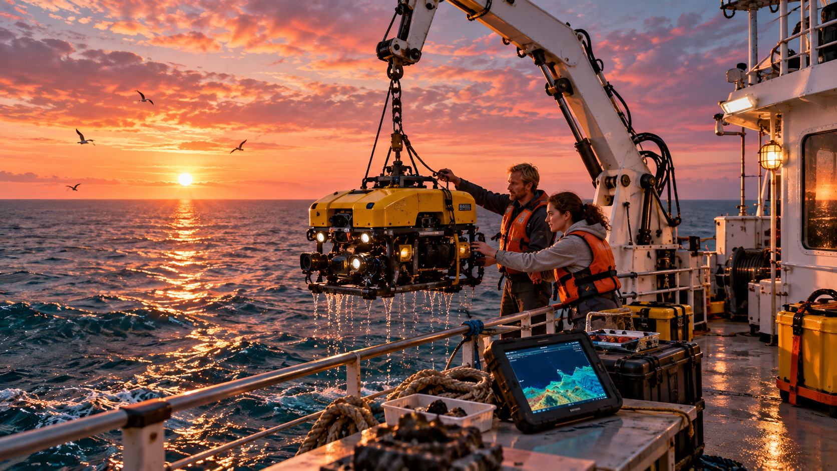 Under the waves headings — a marine research boat at sea at sunset