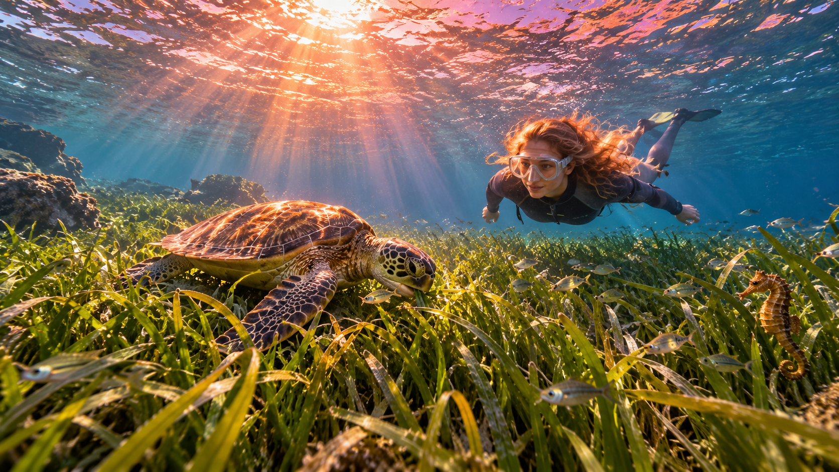 Under the waves practice — a diver over a green seagrass meadow with a sea turtle