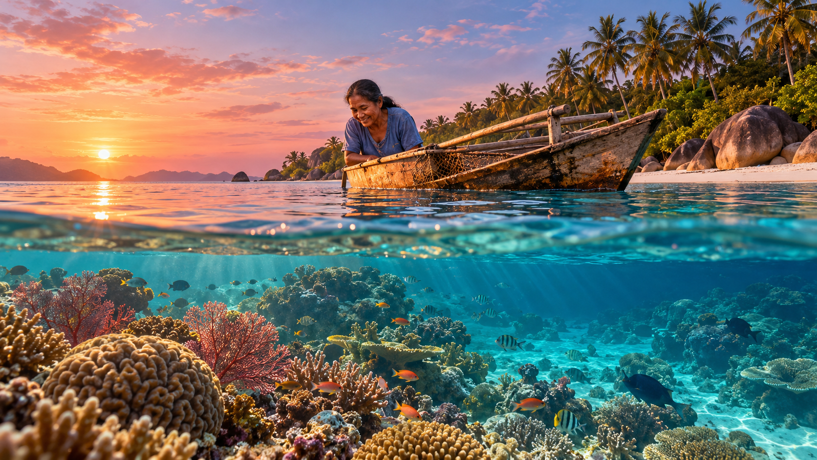 Under the waves vocabulary — a turquoise lagoon with a coral reef and a small boat