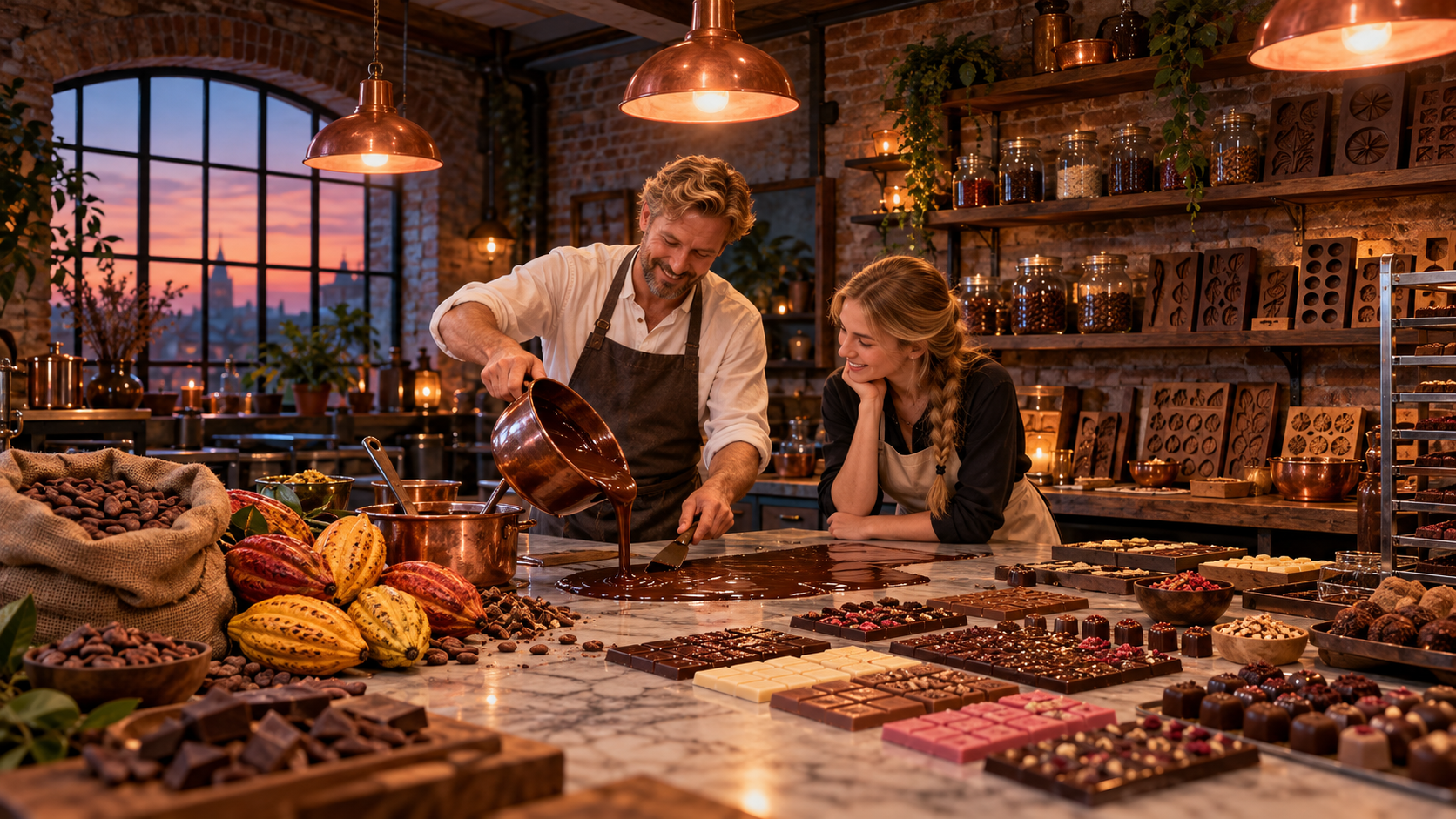 A taste of history vocabulary — a small chocolate workshop with cacao pods and fresh bars