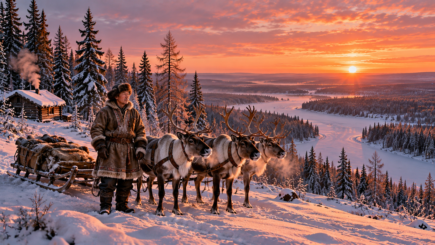 Into the forest real test — endless Siberian taiga with a river and a reindeer herder in winter