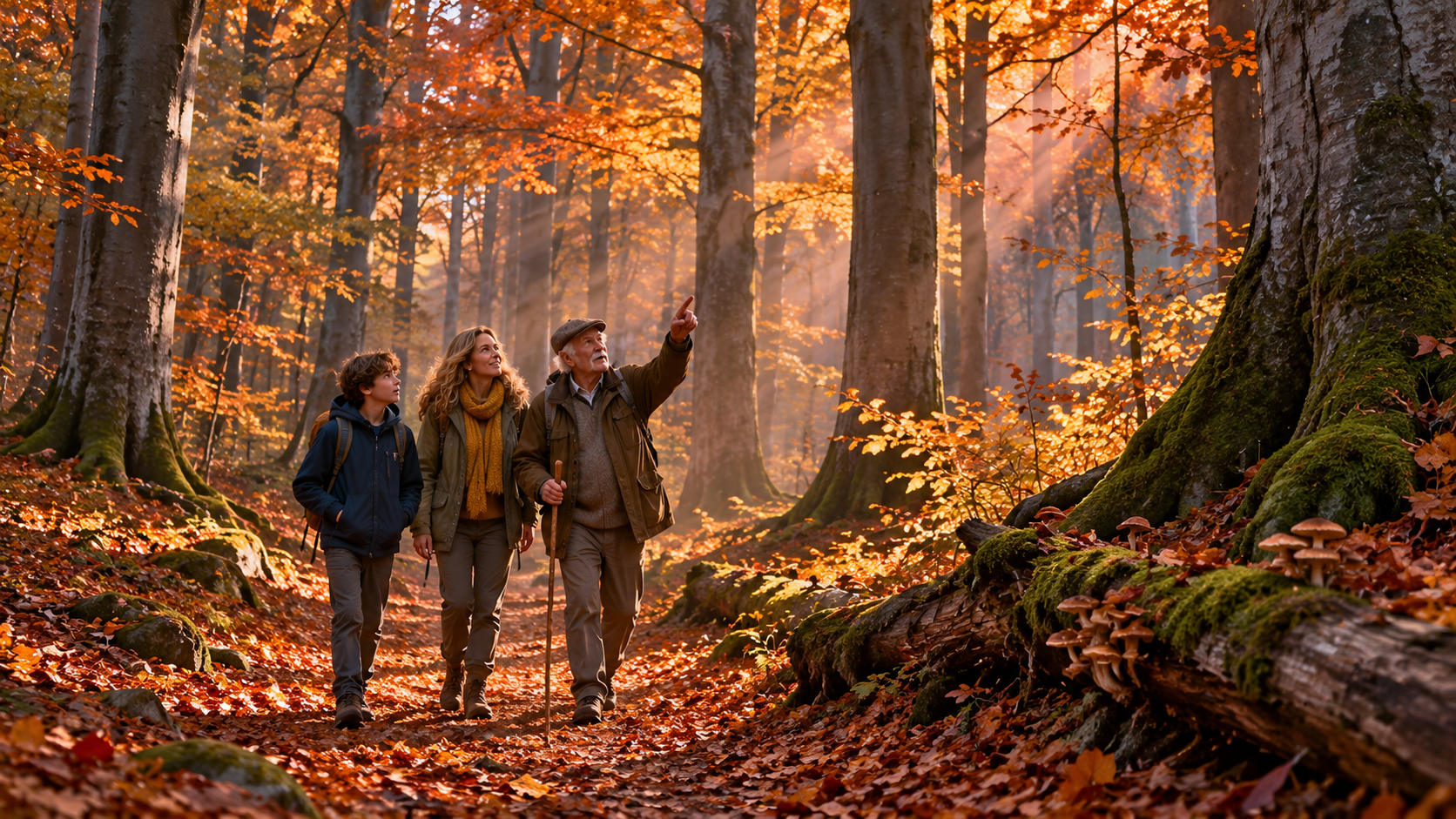Into the forest headings — an ancient beech forest in autumn with a hiking family