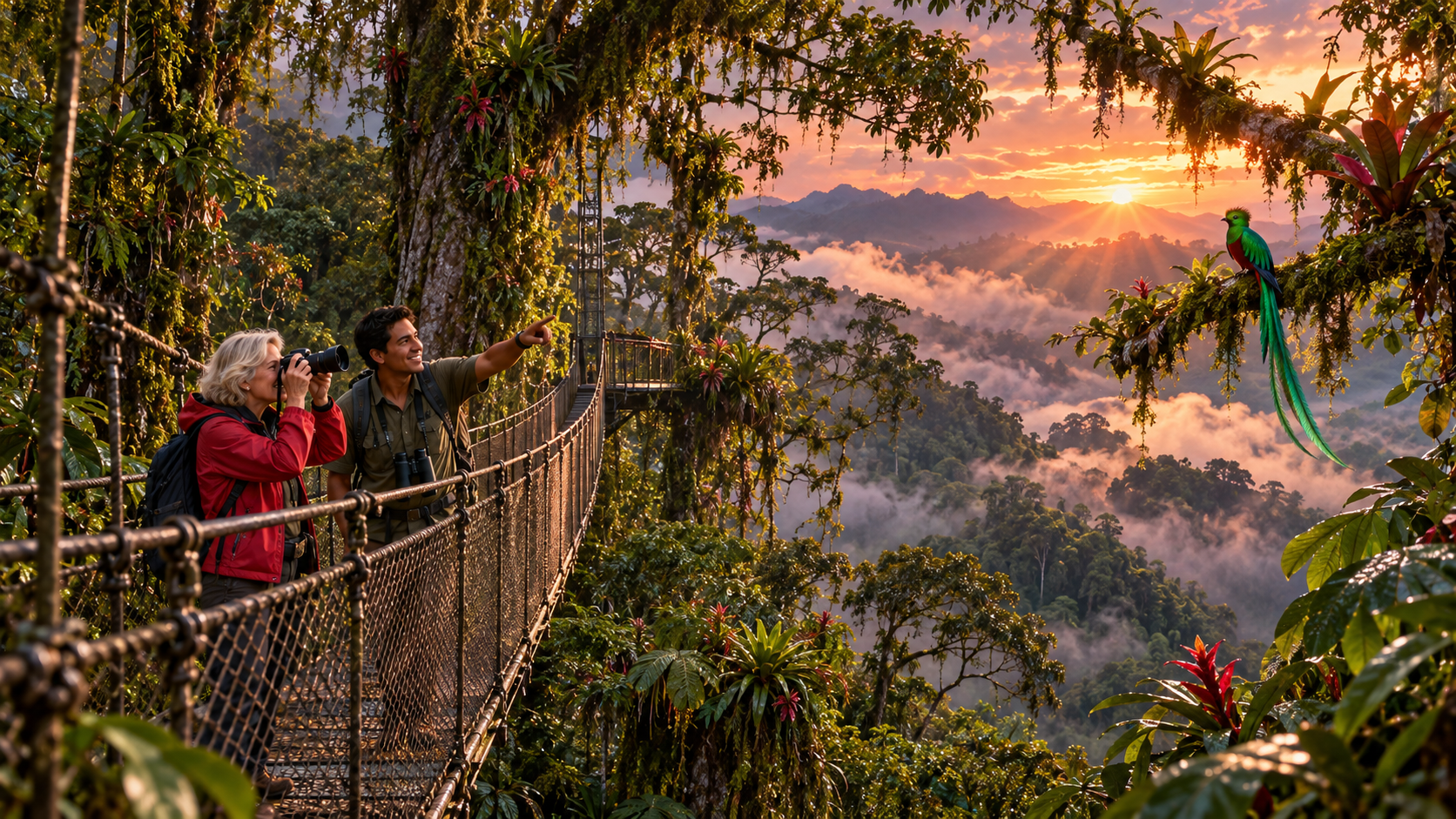 Into the forest practice — a hanging bridge in a misty cloud forest in Costa Rica