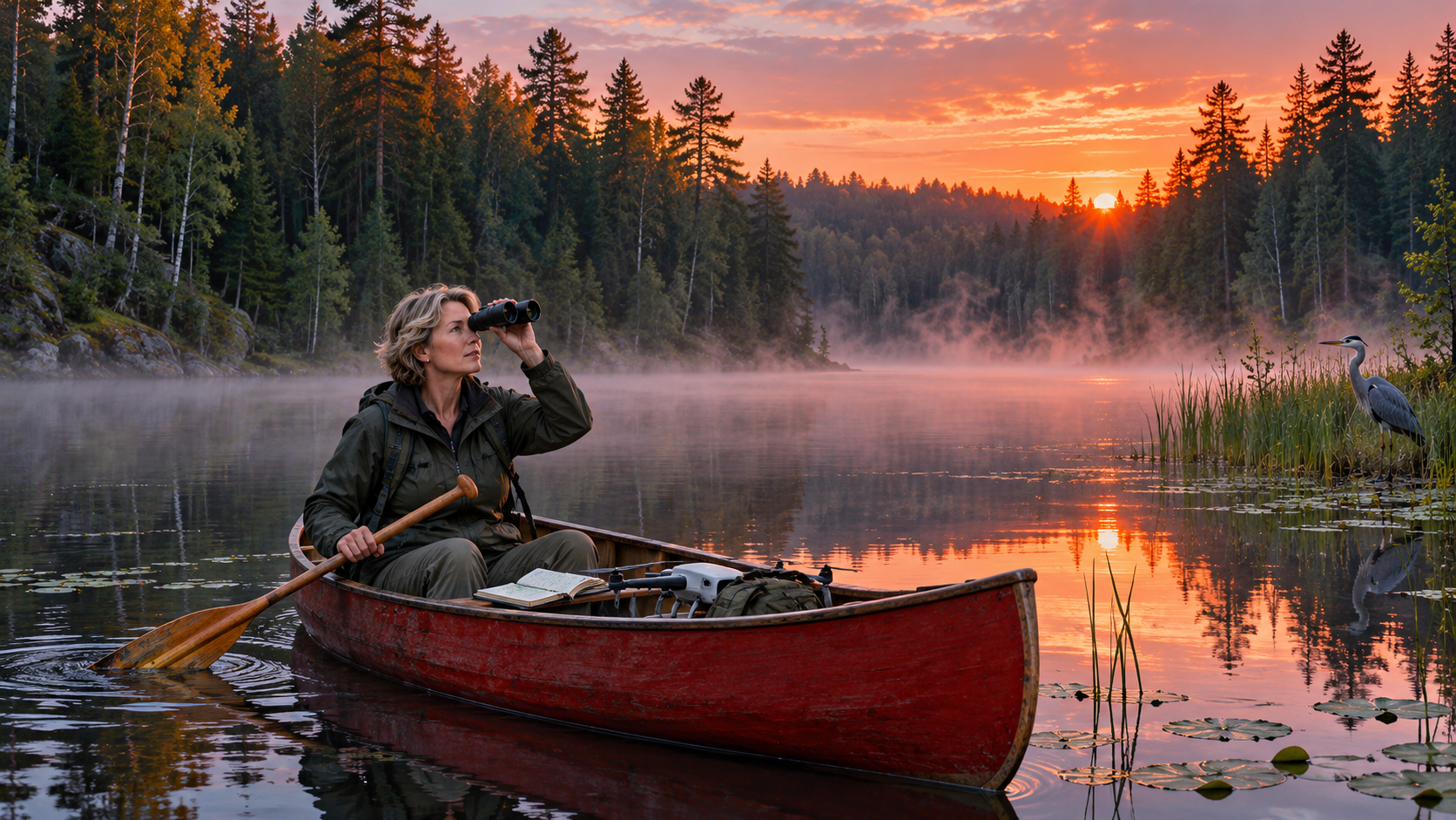 Into the forest vocabulary — a researcher in a canoe on a quiet forest lake at dawn