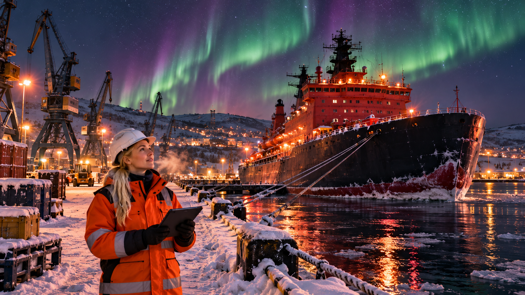 City stories real test — the port of Murmansk in winter with a nuclear icebreaker and the northern lights