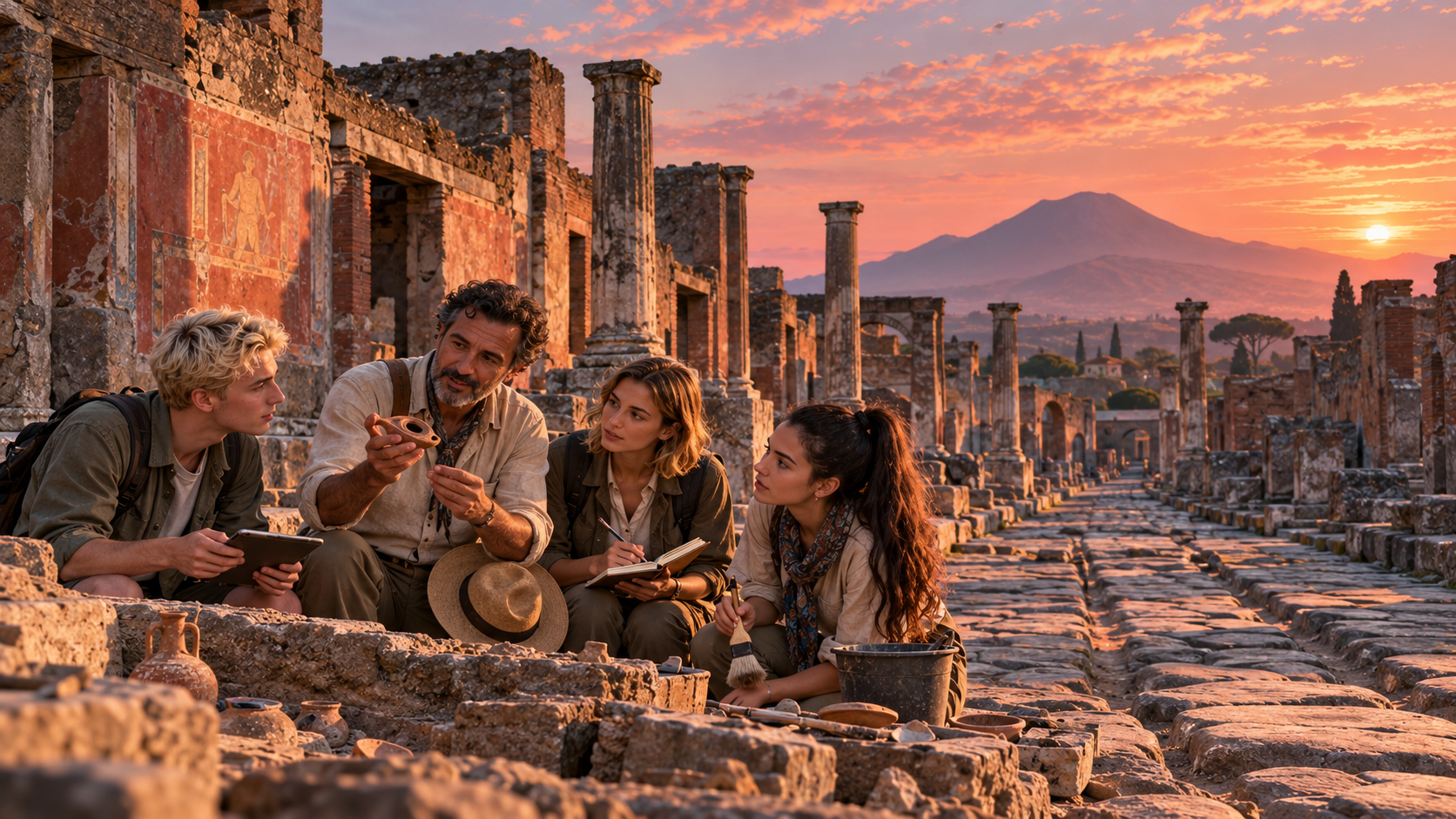 City stories headings — archaeologists with a group of students on the ruins of an ancient city