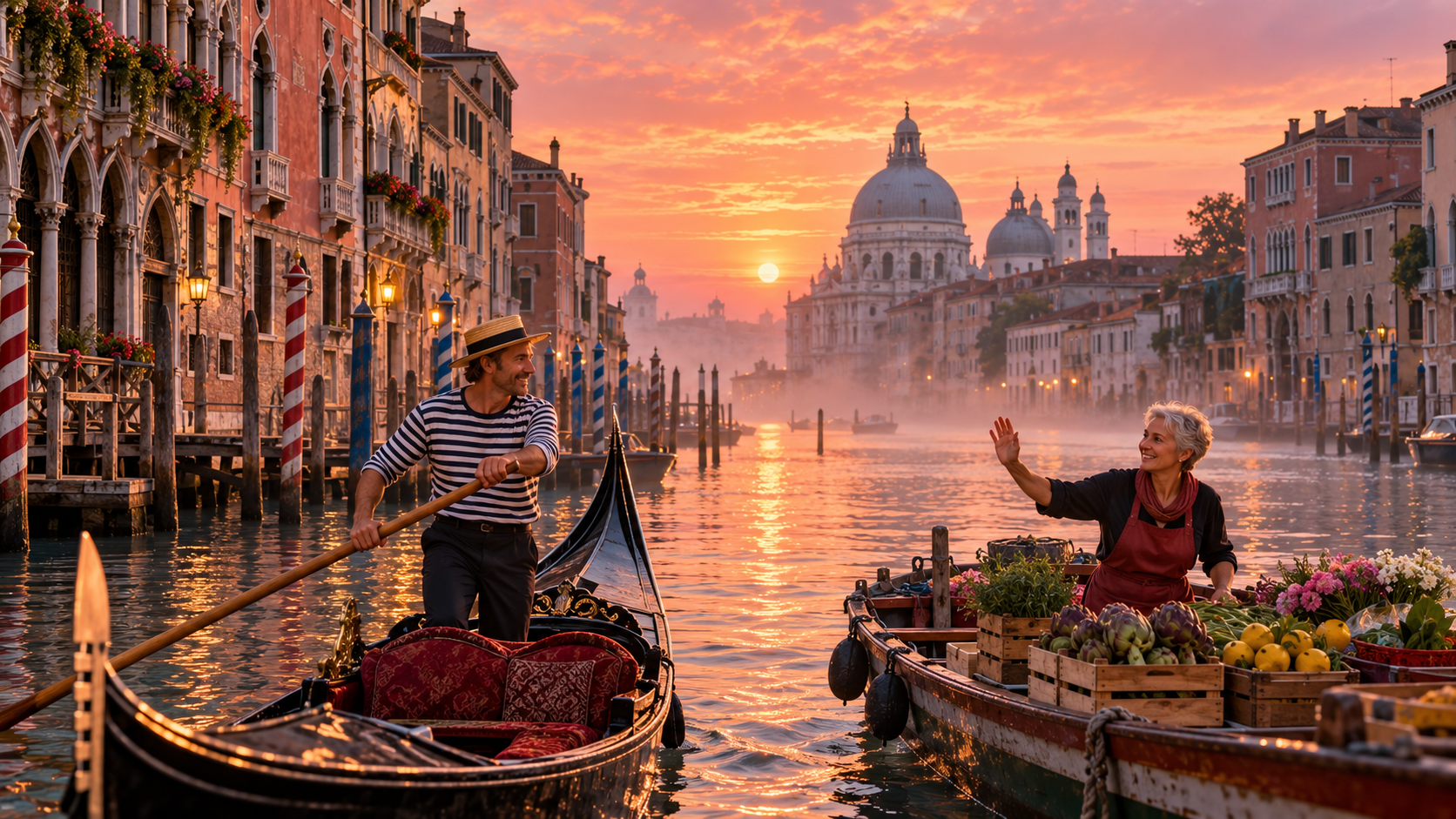 City stories practice — the Grand Canal in Venice at sunrise with a gondolier and a market boat