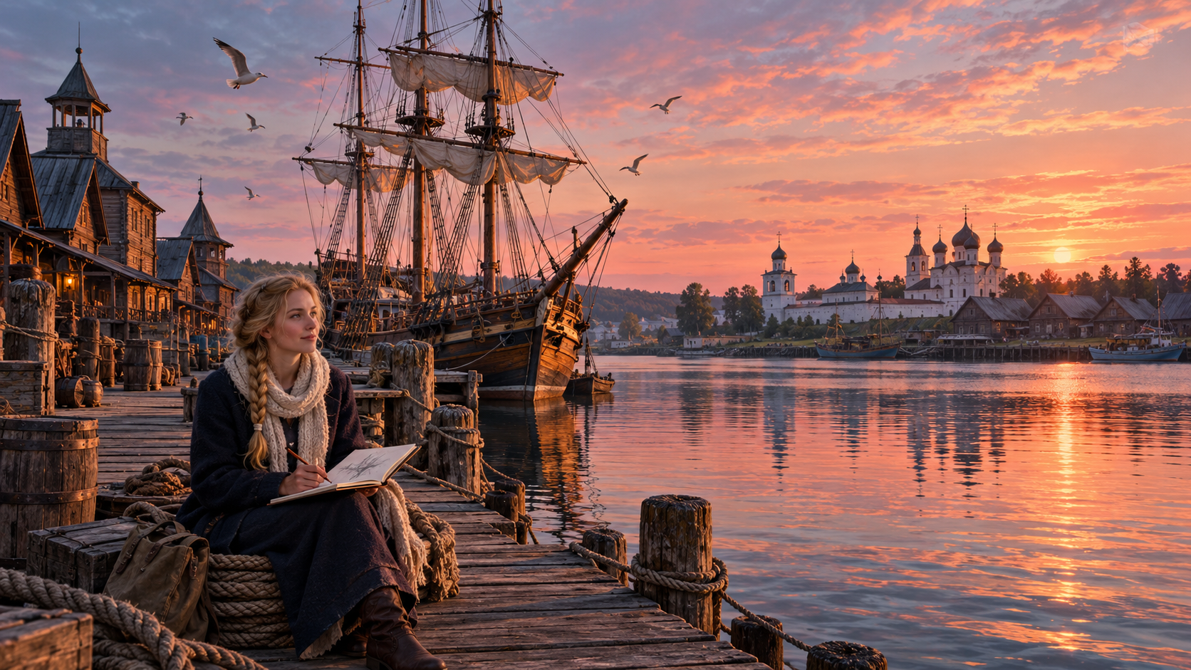 City stories vocabulary — an old wooden harbour in the north with a merchant ship and a woman sketching