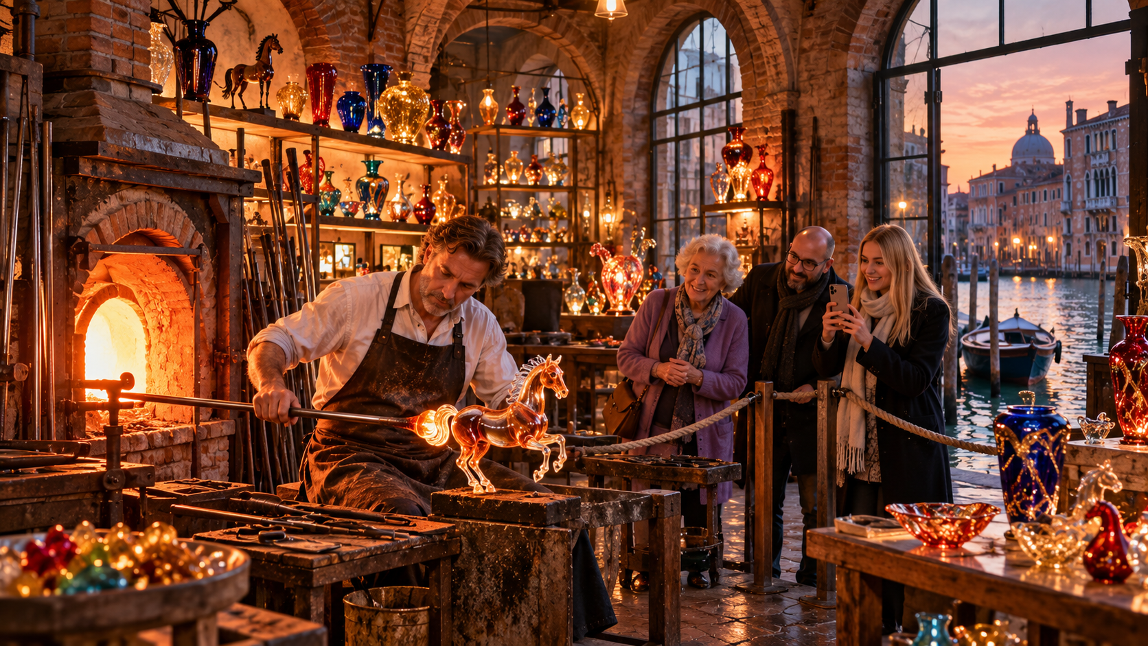 Made by hand headings — a glassblower at a glowing furnace on the island of Murano with visitors watching