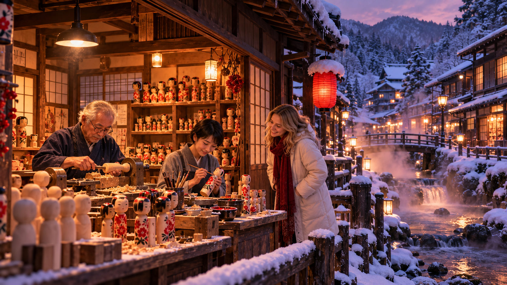 Made by hand practice — a kokeshi workshop in a snowy Japanese hot spring town