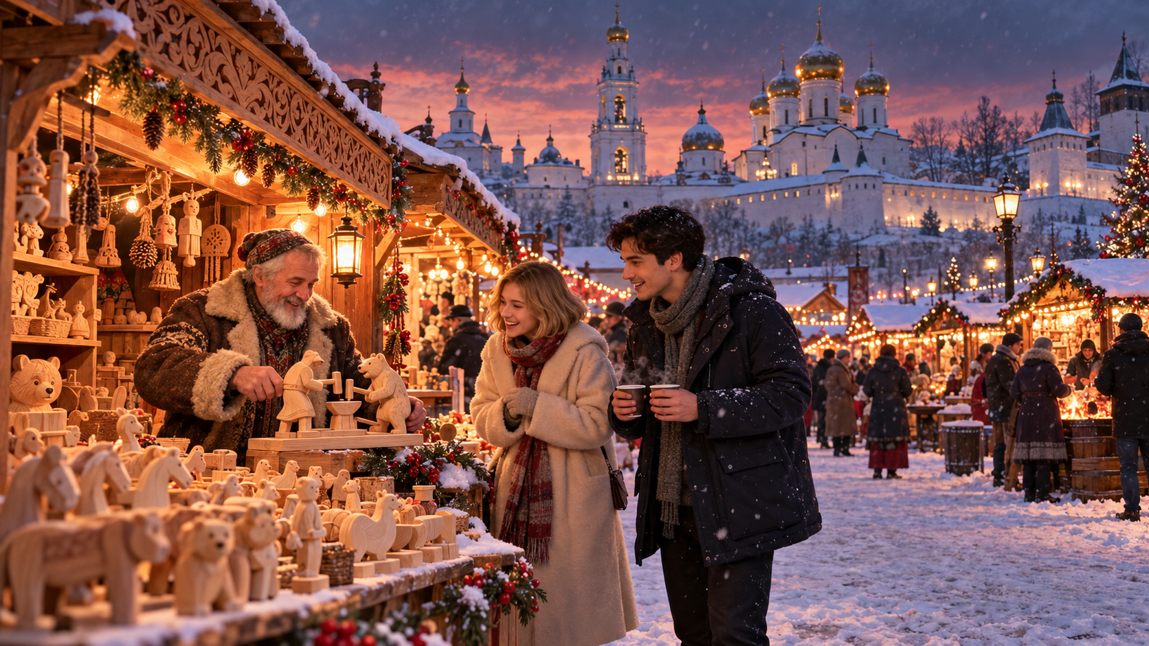 Made by hand vocabulary — a winter craft fair in a Russian town with a woodcarver showing a moving wooden toy