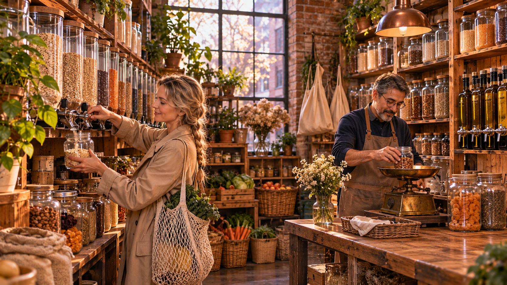 Buy less, live better real test — a zero-waste shop with glass jars and a customer filling her own containers