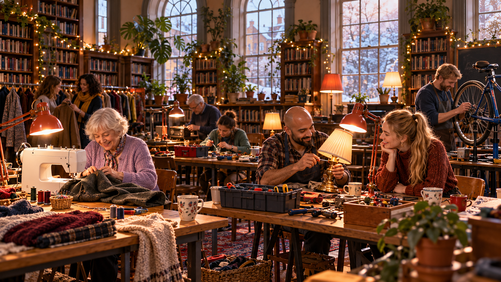 Buy less, live better headings — a repair café where volunteers mend clothes, lamps and bicycles