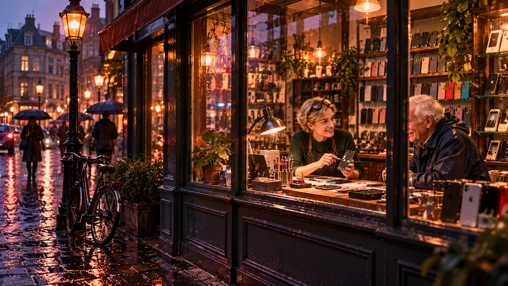 Buy less, live better practice — a small phone repair shop on a rainy evening street