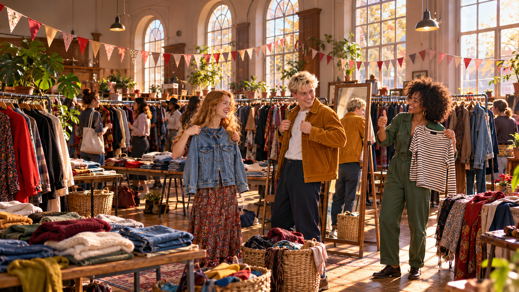 Buy less, live better vocabulary — a clothes swap in a sunny community hall with friends trying on jackets