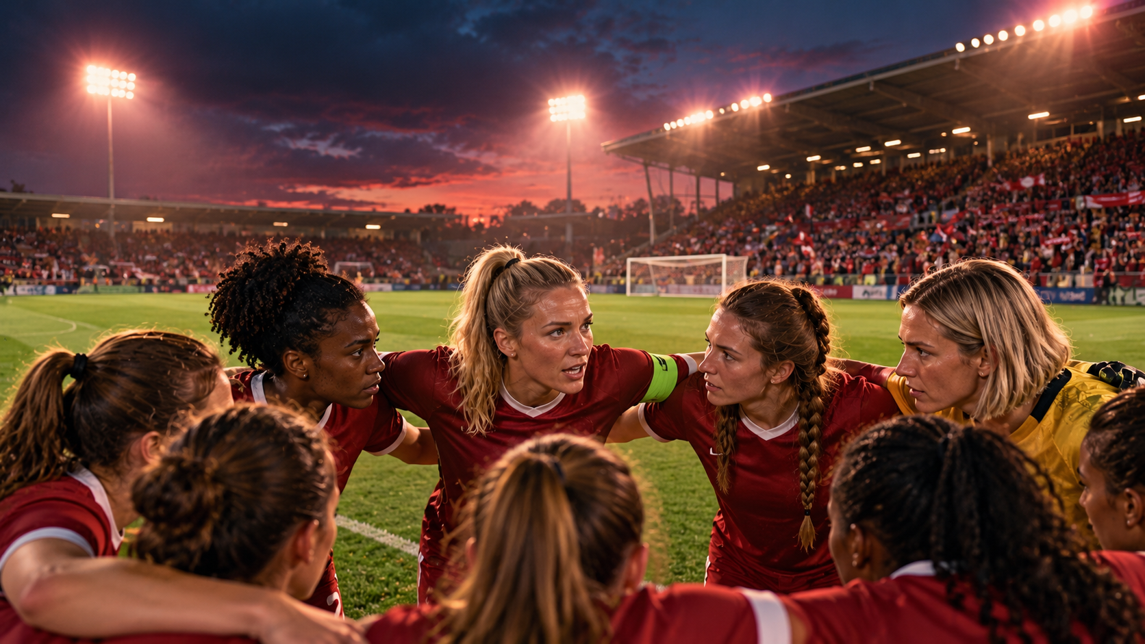 Born to lead real test — a women's football captain encouraging her team in a huddle before a match