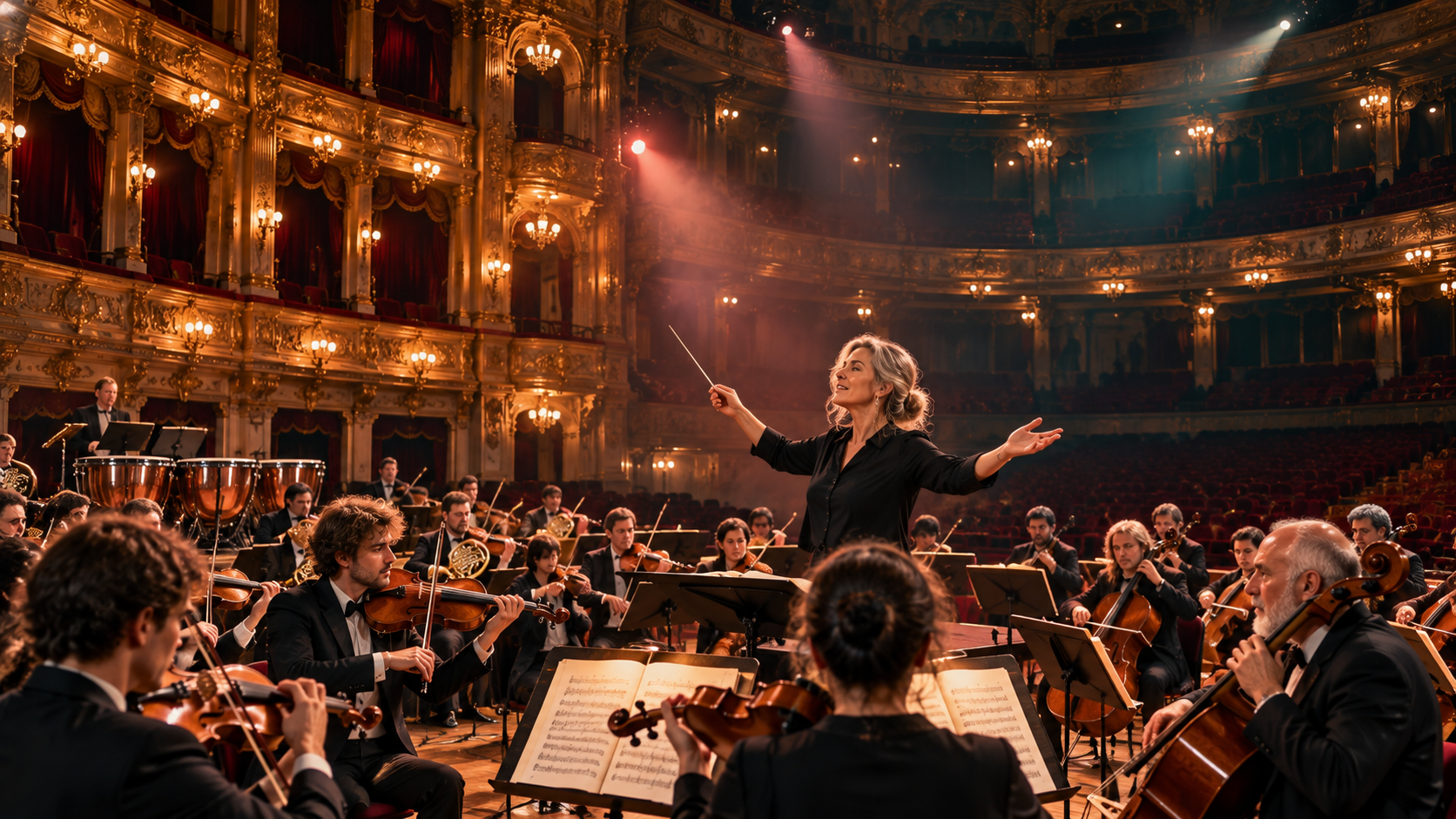 Born to lead headings — a conductor leading an orchestra in a concert hall