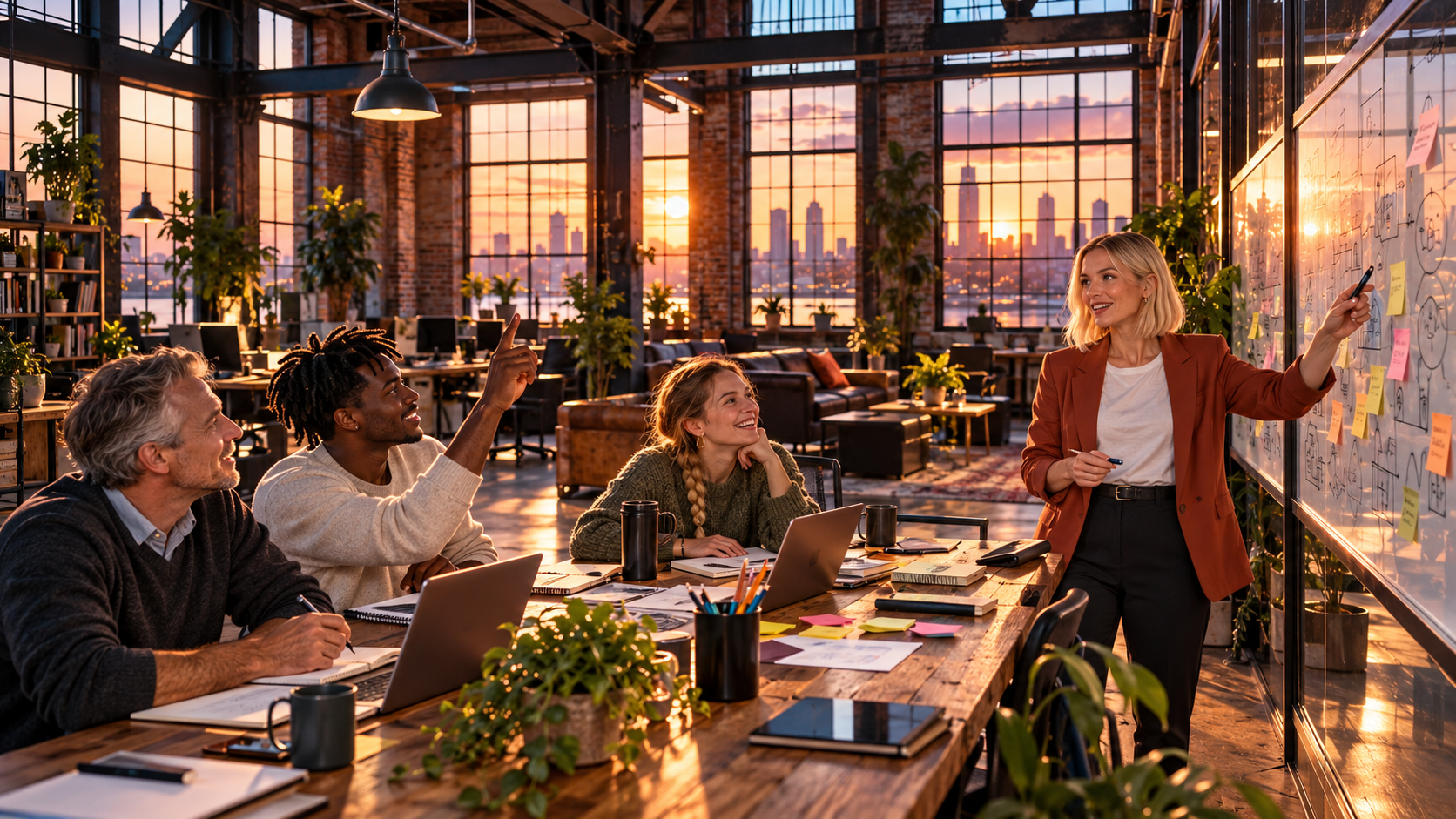 Born to lead vocabulary — a young team leader presenting a plan to colleagues in a bright loft office