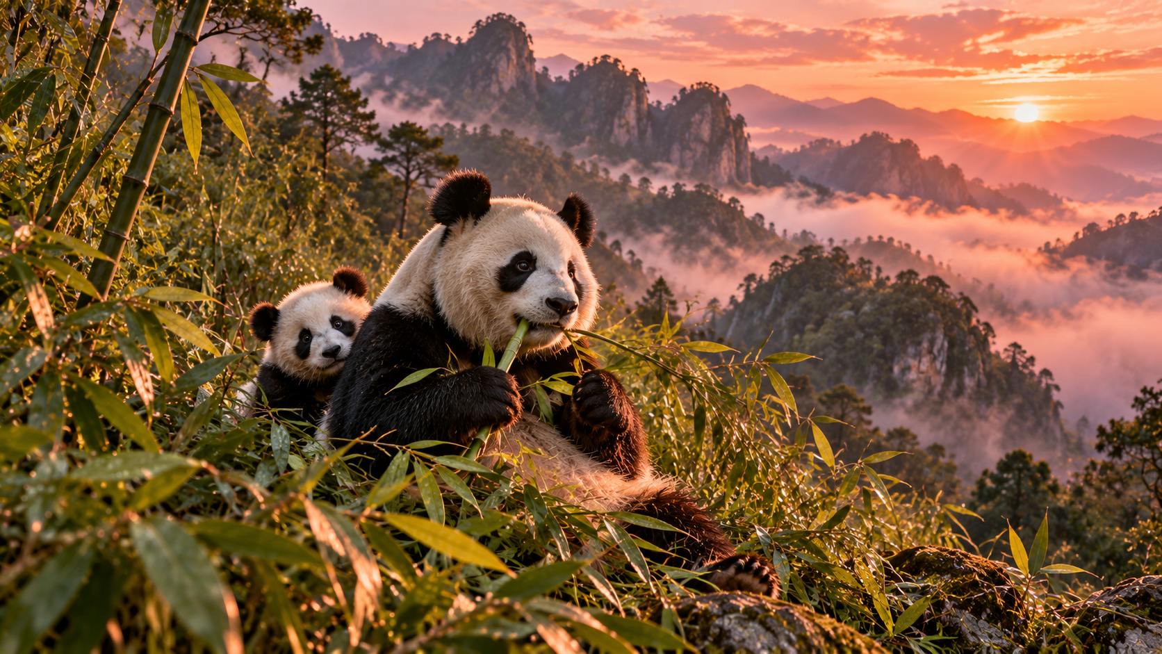 Amazing animals real test — a giant panda eating bamboo in a misty mountain forest in China