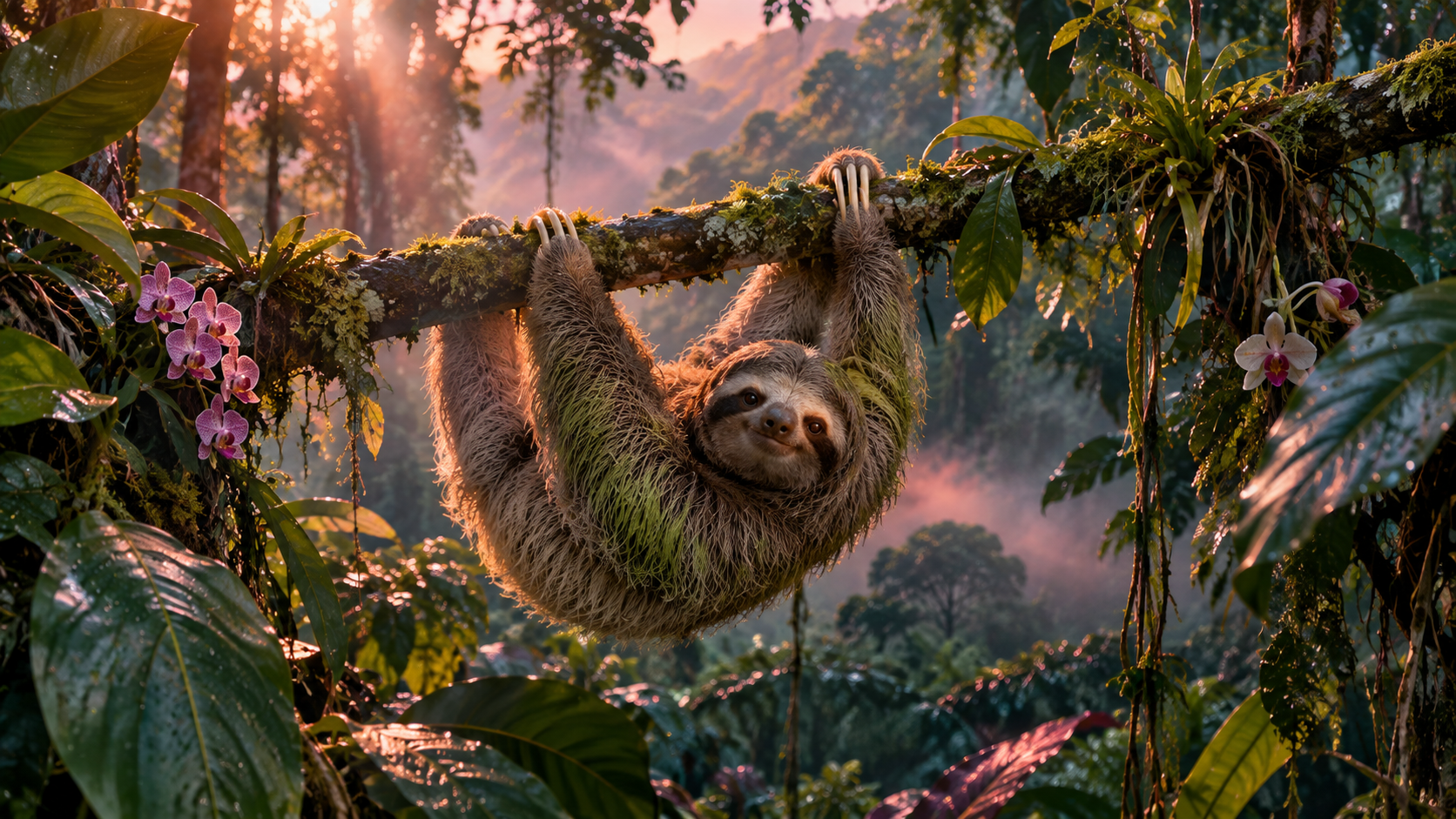 Amazing animals headings — a sloth hanging from a branch in a misty rainforest