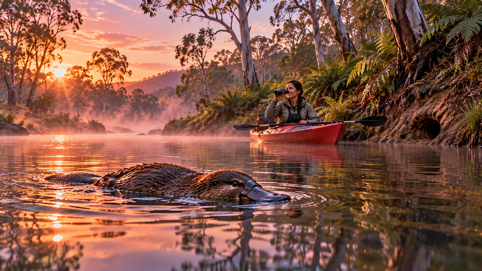 Amazing animals practice — a platypus swimming in a clear Australian river at dawn