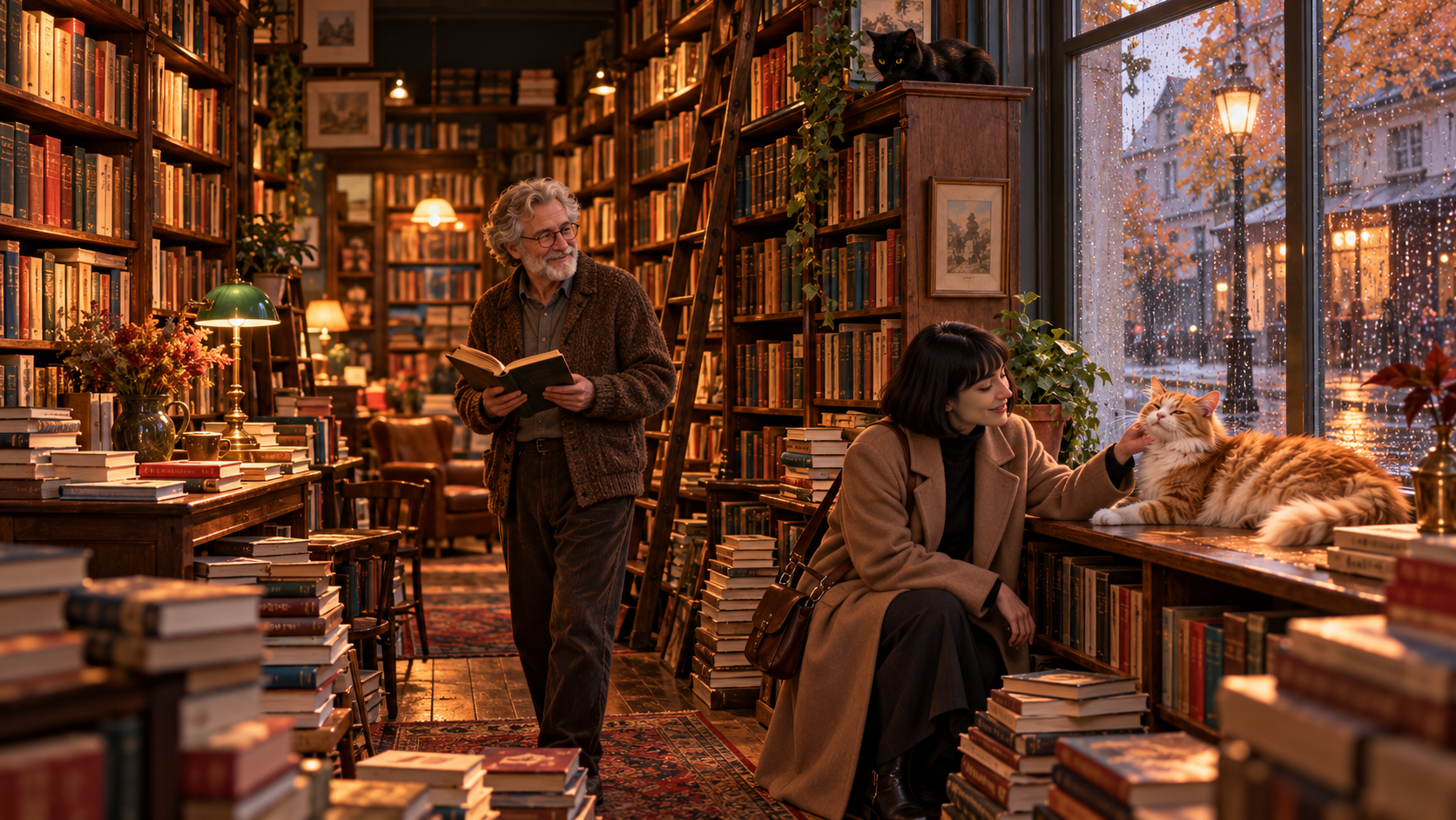 Four paws and feathers real test — a cat on a sunny windowsill in an old bookshop with the owner