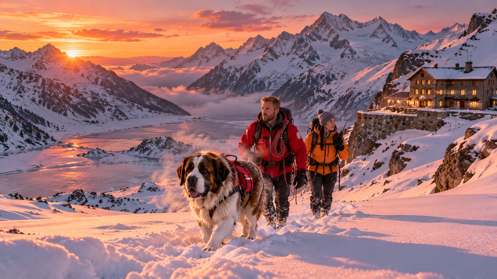 Four paws and feathers headings — a mountain rescue team with a St Bernard dog in the snowy Alps