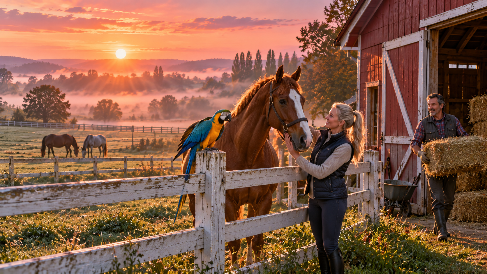 Four paws and feathers practice — a horse farm at sunrise with a rider and a parrot on a fence