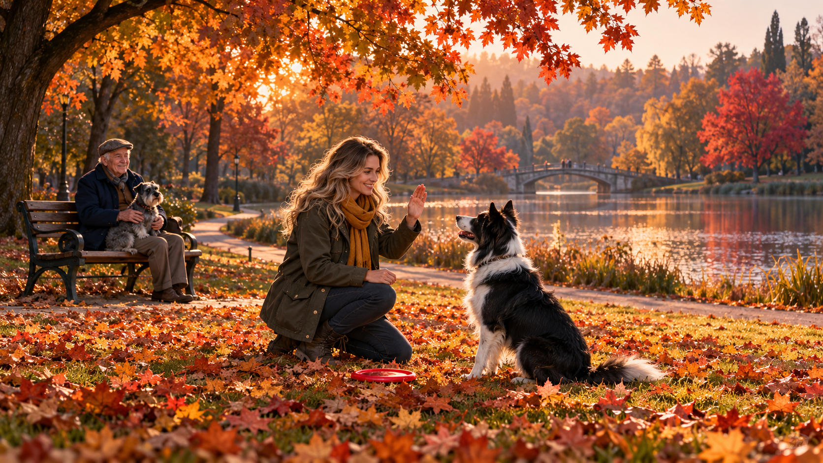 Four paws and feathers vocabulary — a dog trainer with a border collie in an autumn park