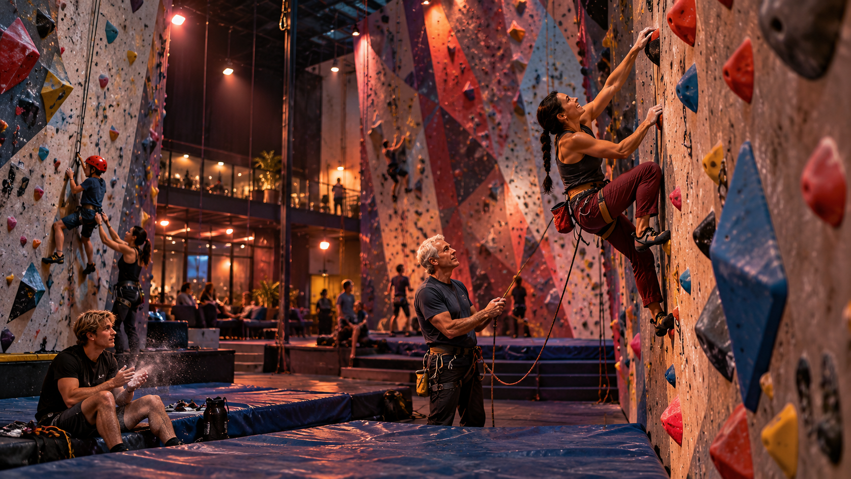 Extreme sports real test — climbers of different ages on a bright indoor climbing wall