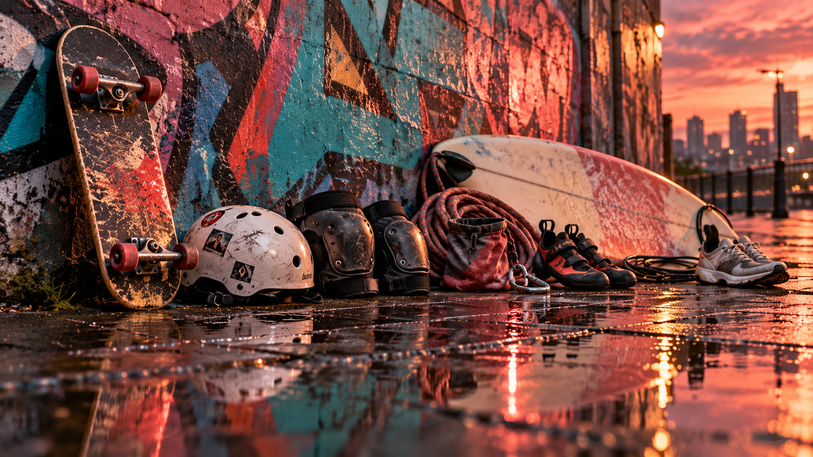 Extreme sports headings — skateboards, a helmet, climbing shoes and a surfboard against a graffiti wall