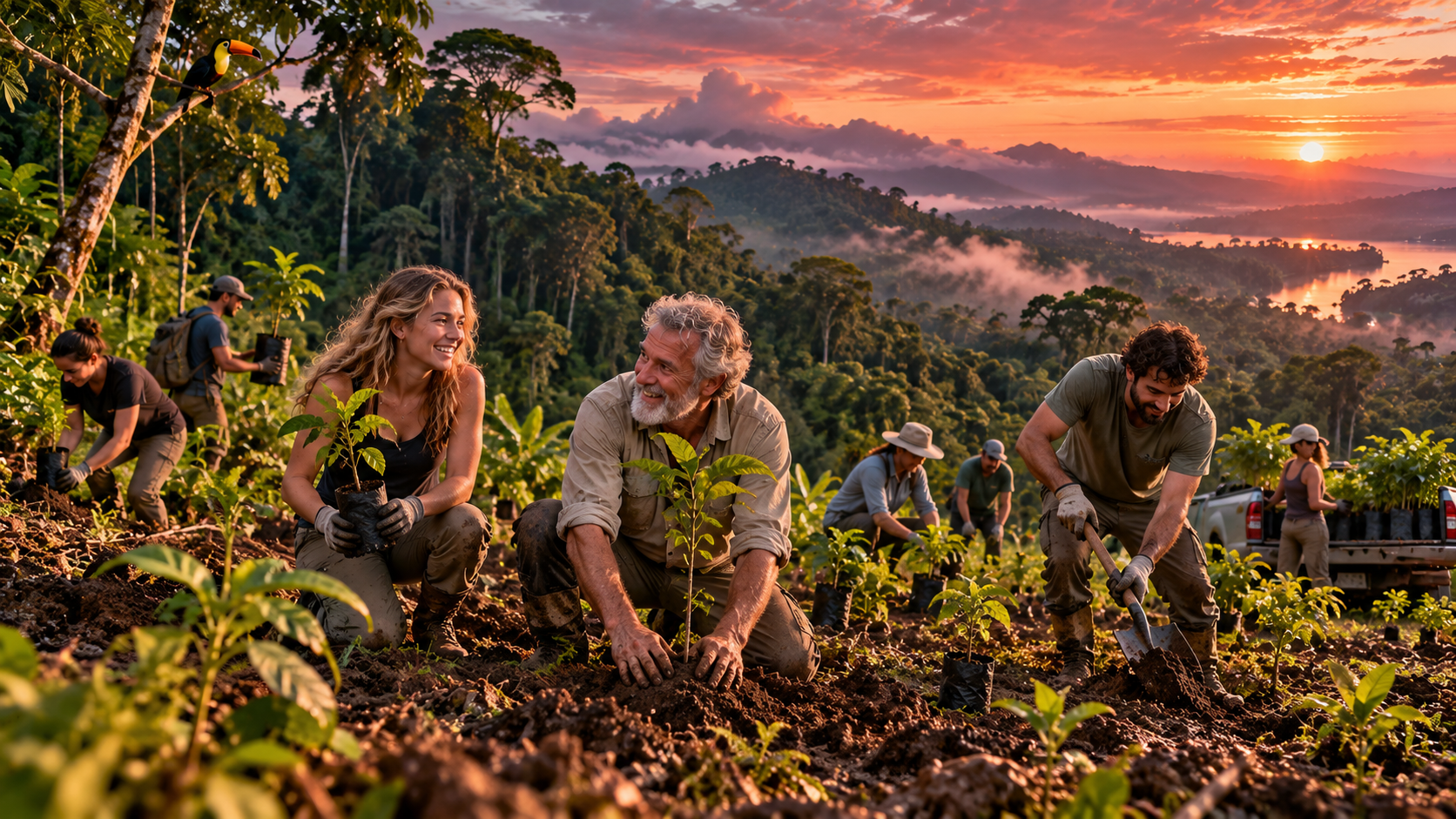 Fragile planet real test — volunteers planting trees at the edge of a tropical rainforest