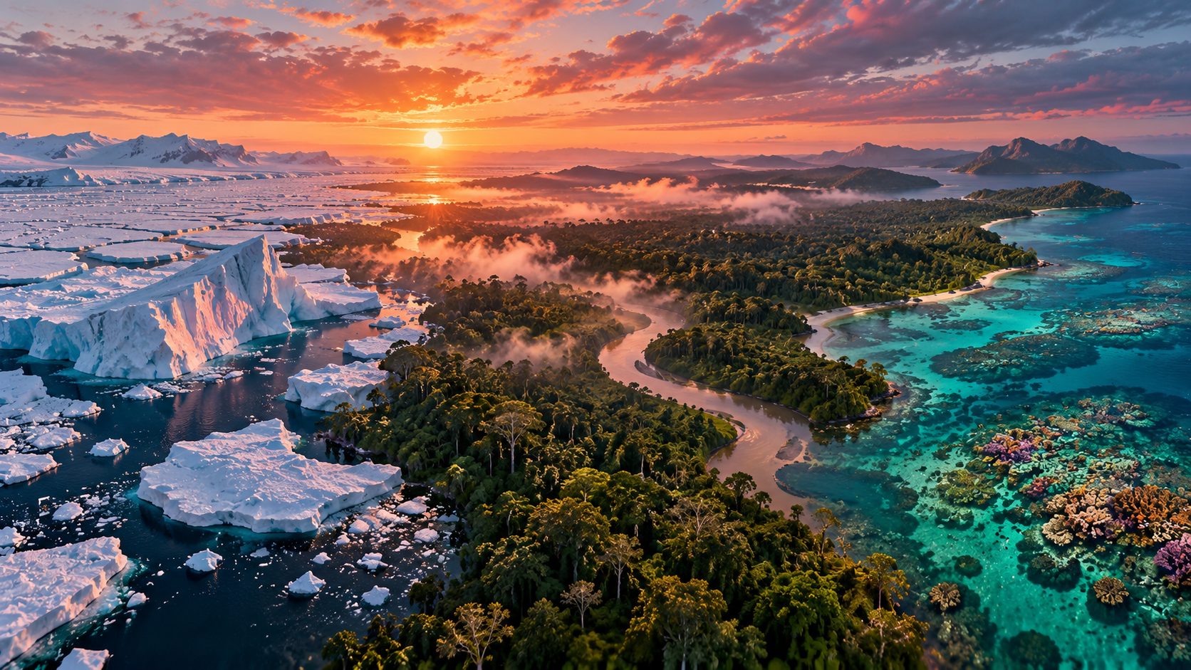 Fragile planet headings — a melting iceberg, a green rainforest canopy and a coral reef seen from above