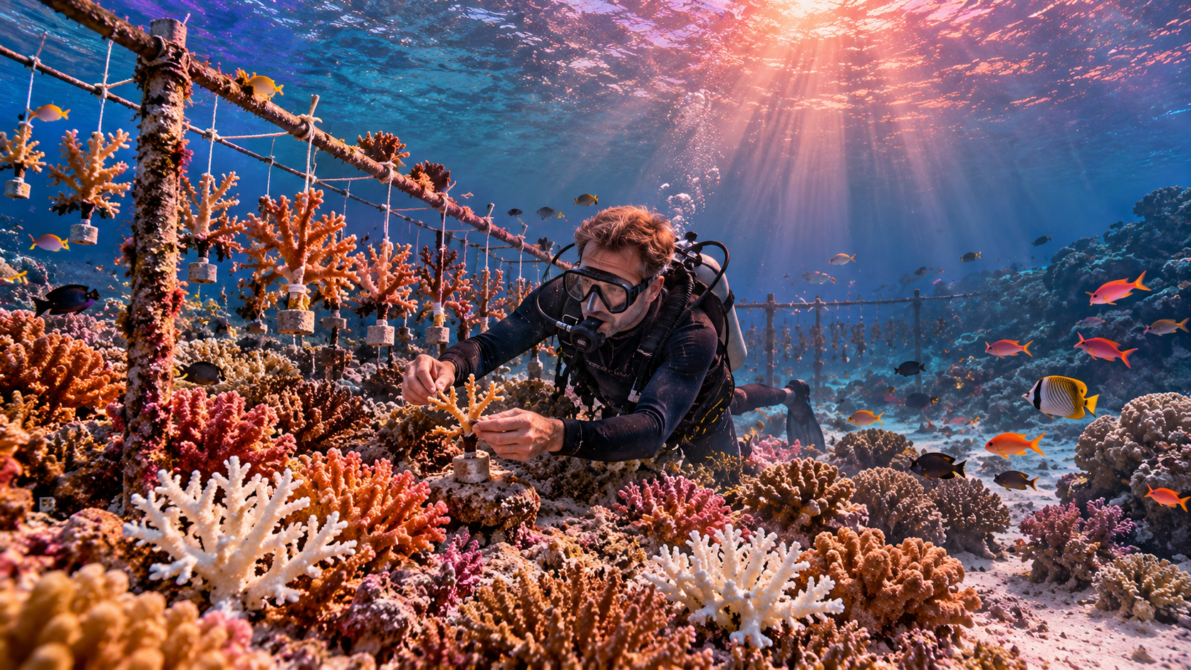 Fragile planet practice — a diver planting young corals on a reef nursery