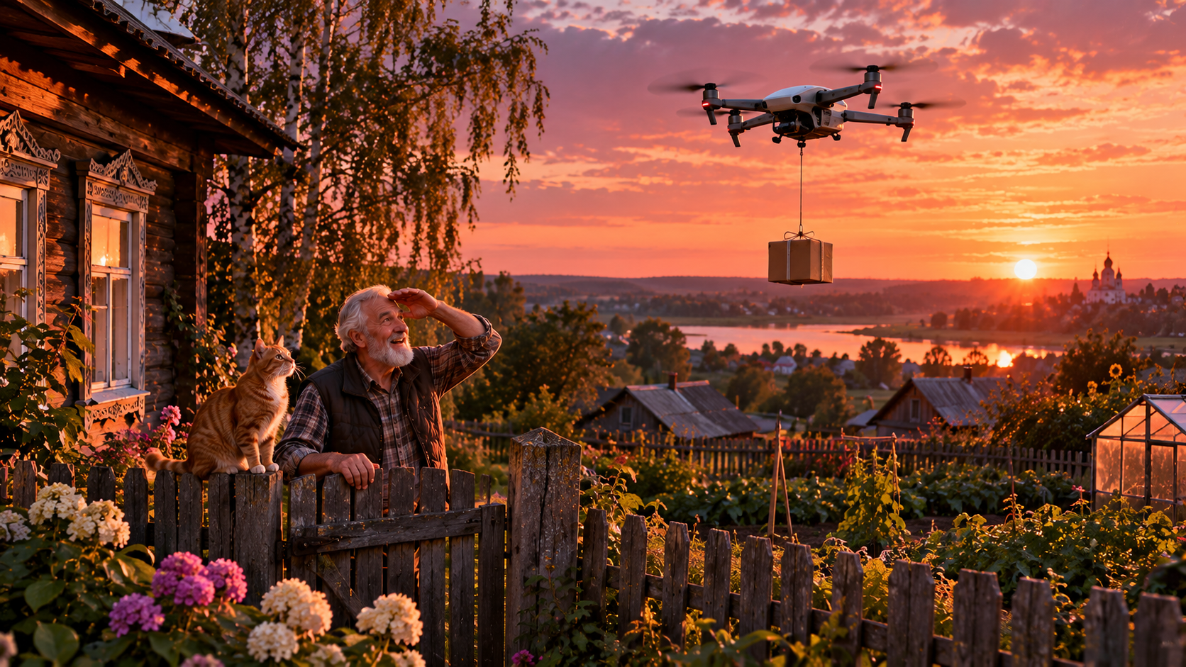 Smart machines real test — a delivery drone flying over a village at sunset