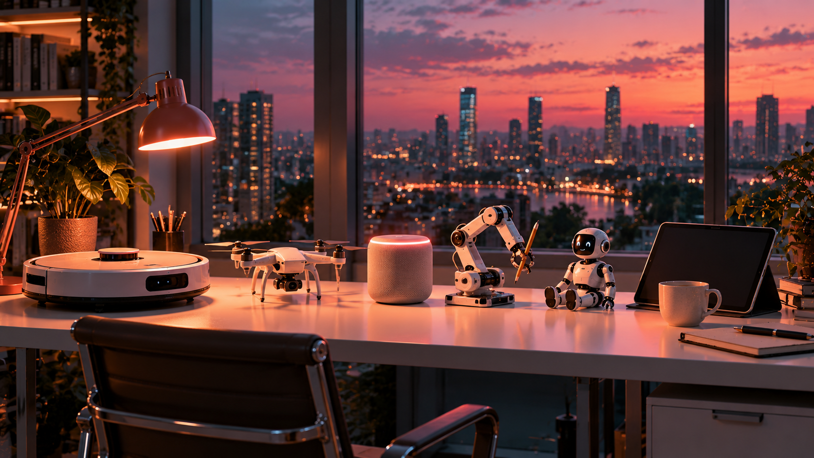 Smart machines headings — a robot vacuum cleaner, a drone, a smart speaker and a robot arm on a white desk